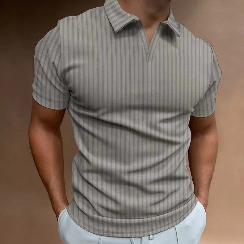 Men's striped V-neck polo shirt in high elastic cotton blend fabric for summer sports wear