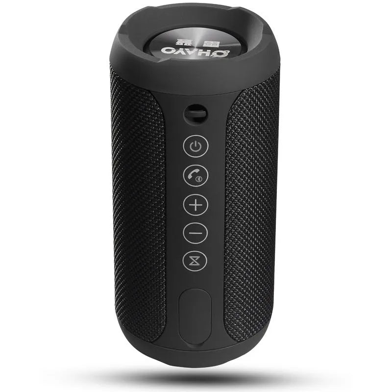 Outdoor waterproof portable speaker in black, camouflage, grey, or red colour with display showing Bluetooth, TF card, and AUX logos.