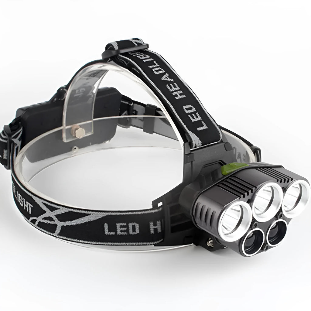 Black head-mounted LED camping torch with adjustable strap and long-range beam shown in outdoor setting.