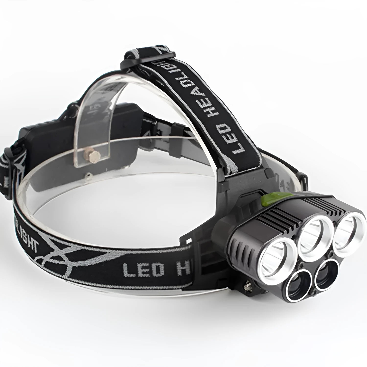 Black head-mounted LED camping torch with adjustable strap and long-range beam shown in outdoor setting.