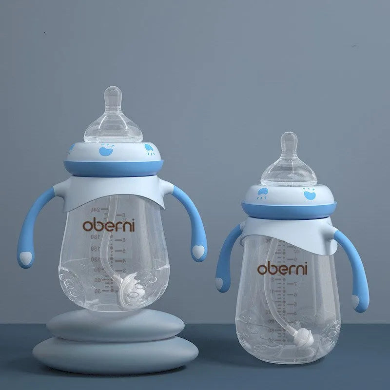Wide caliber anti-colic baby bottle with handle in blue colour 300ml capacity