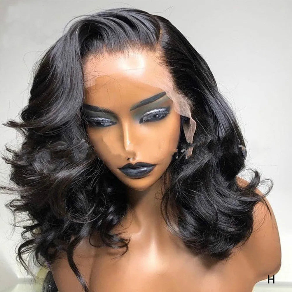 Front lace big wave wig in black with high temperature silk, half-hand knitting, middle part, 14-26 inch lengths, S M L cap sizes