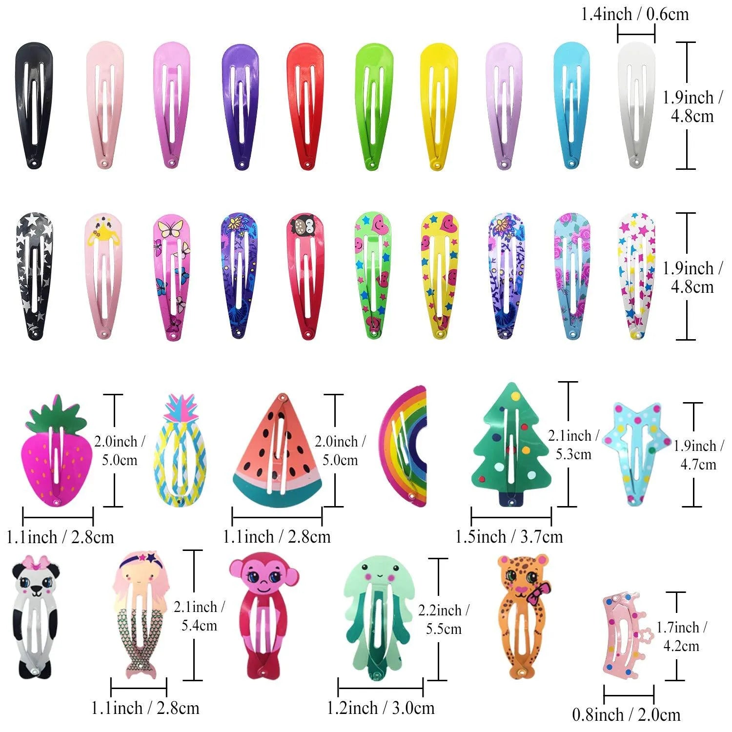 Assortment of 100 candy-coloured metal snap hair clips showing drops, animals, crowns, stars, and fruit shapes.