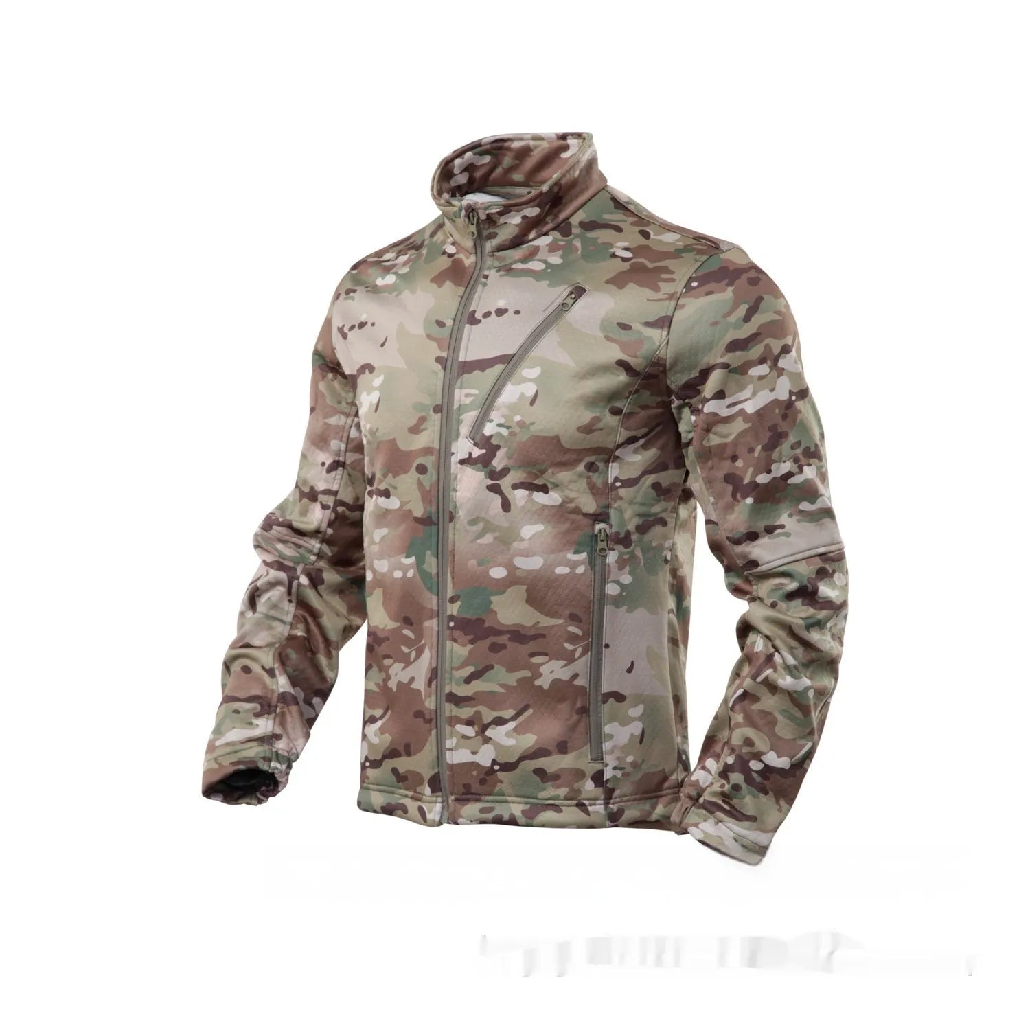 Men's camouflage combat-style fleece coat for outdoor mountain climbing.