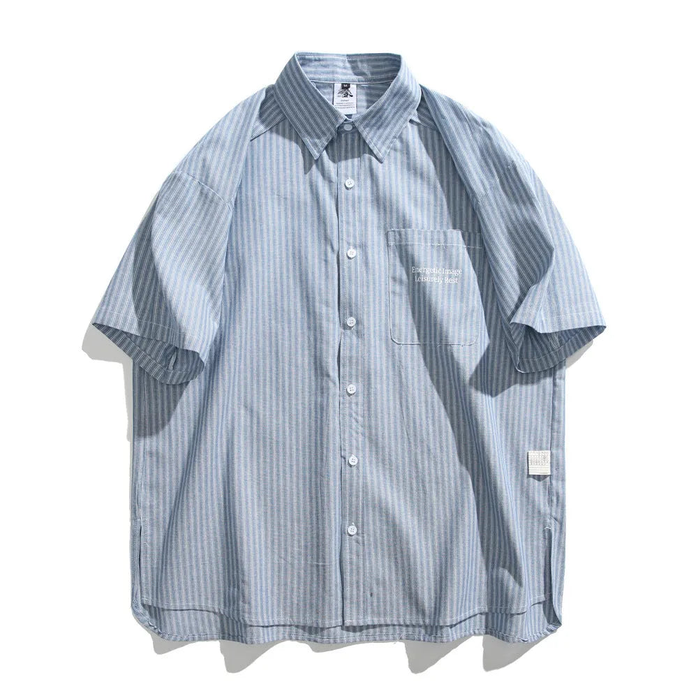 Blue striped short-sleeved overalls shirt cardigan loose fit on hanger