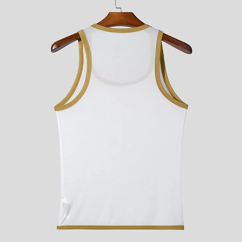 Men's black polyester mesh fitness vest with straight hem, shown on a model.
