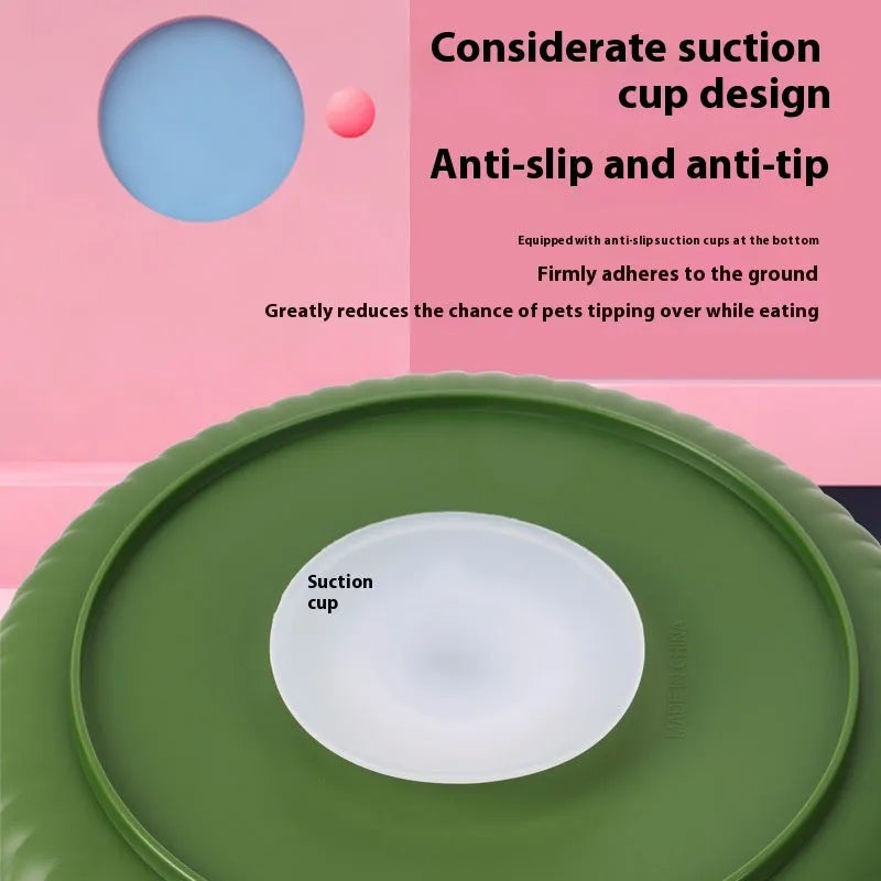 Pet food basin with rotating game board and anti-choke silicone pad in various colours with slow food mat patterns