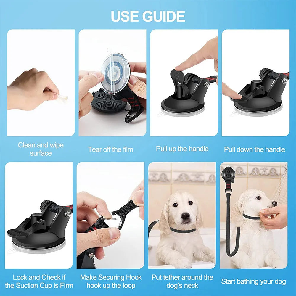 Pet bathing fixed artifact with suction cup traction rope and handcuffs in black or blue