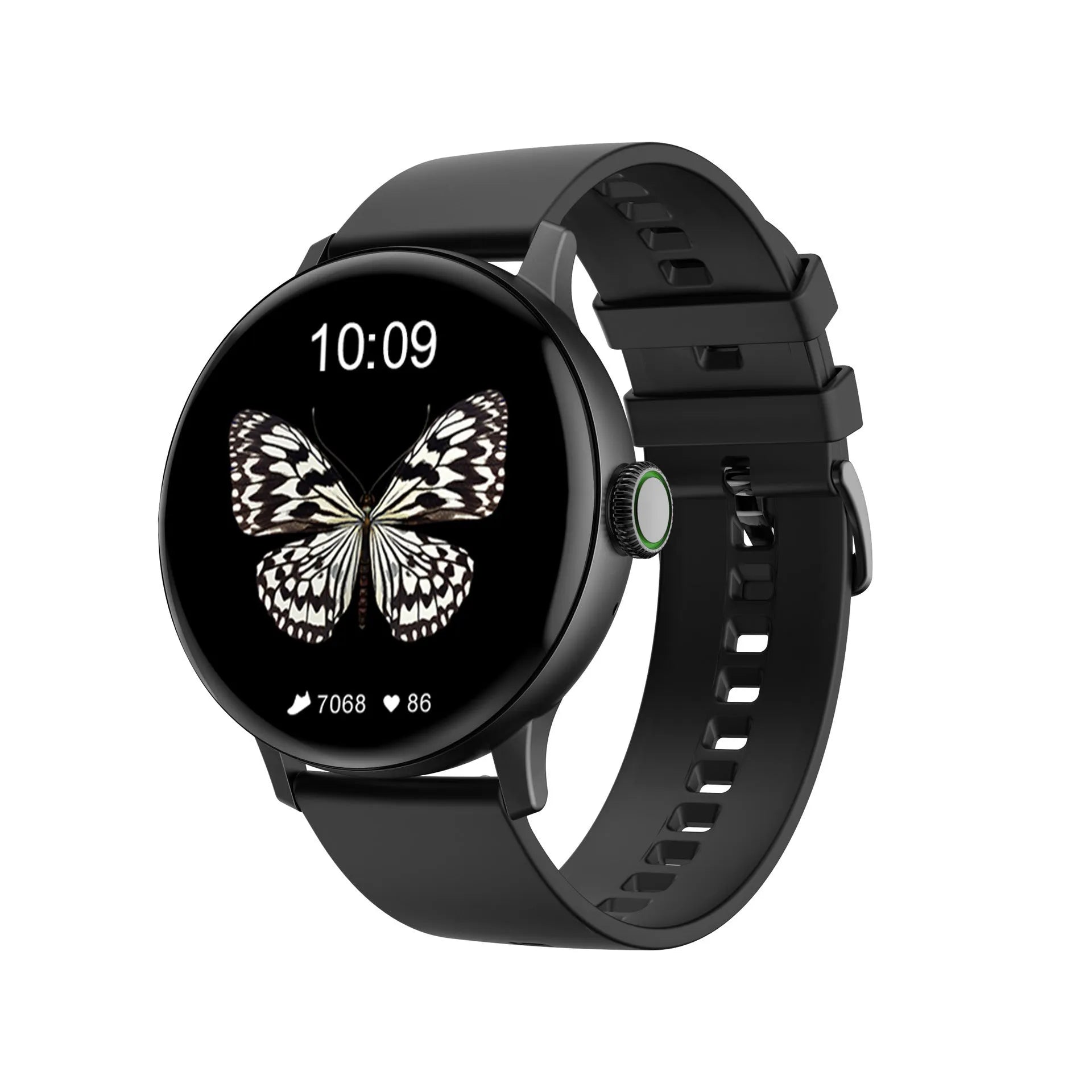 Bluetooth smart bracelet with round screen on a black metal bracelet strap, showing heart rate data.