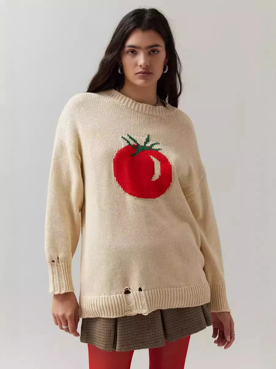 Beige women's loose-fitting acrylic jacquard pullover sweater with round neck and long sleeves.