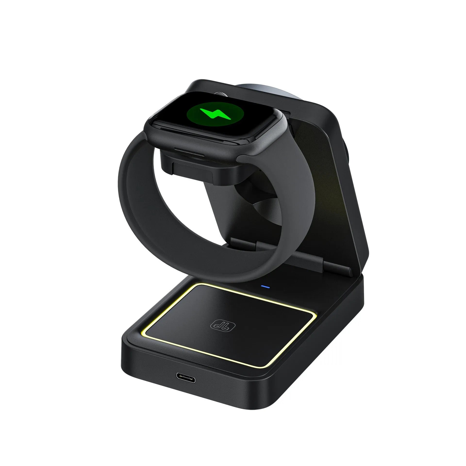 Folding magnetic three-in-one wireless charger in white ABS PC with phone watch and earbuds charging positions