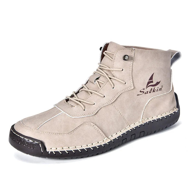 Men's retro high-top casual boots in artificial PU with round toe and elastic band