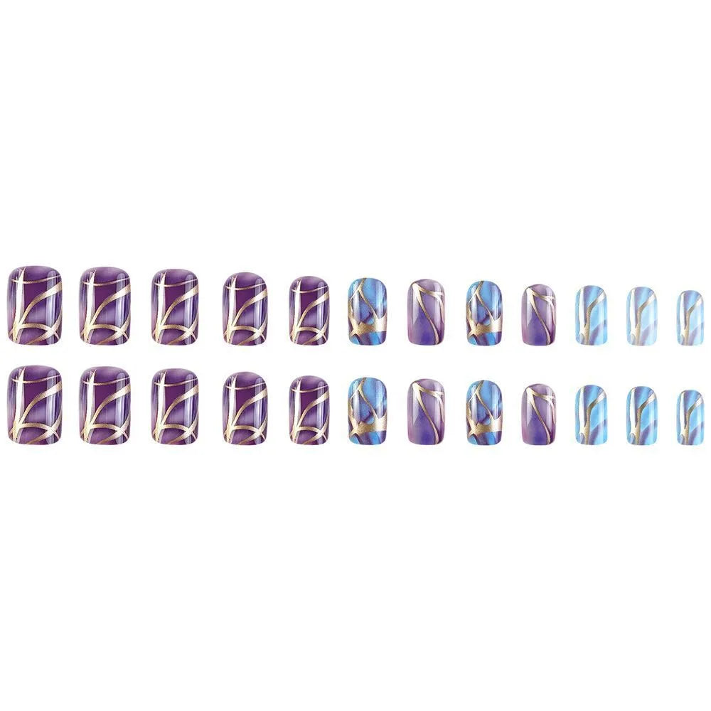Purple striped self-adhesive nail stickers in medium length European and American style design