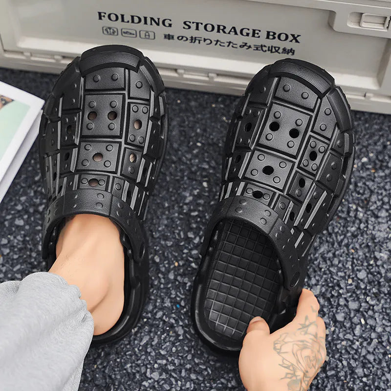 Men's EVA hole shoes slippers in sand colour with non-slip sole and toe holder design