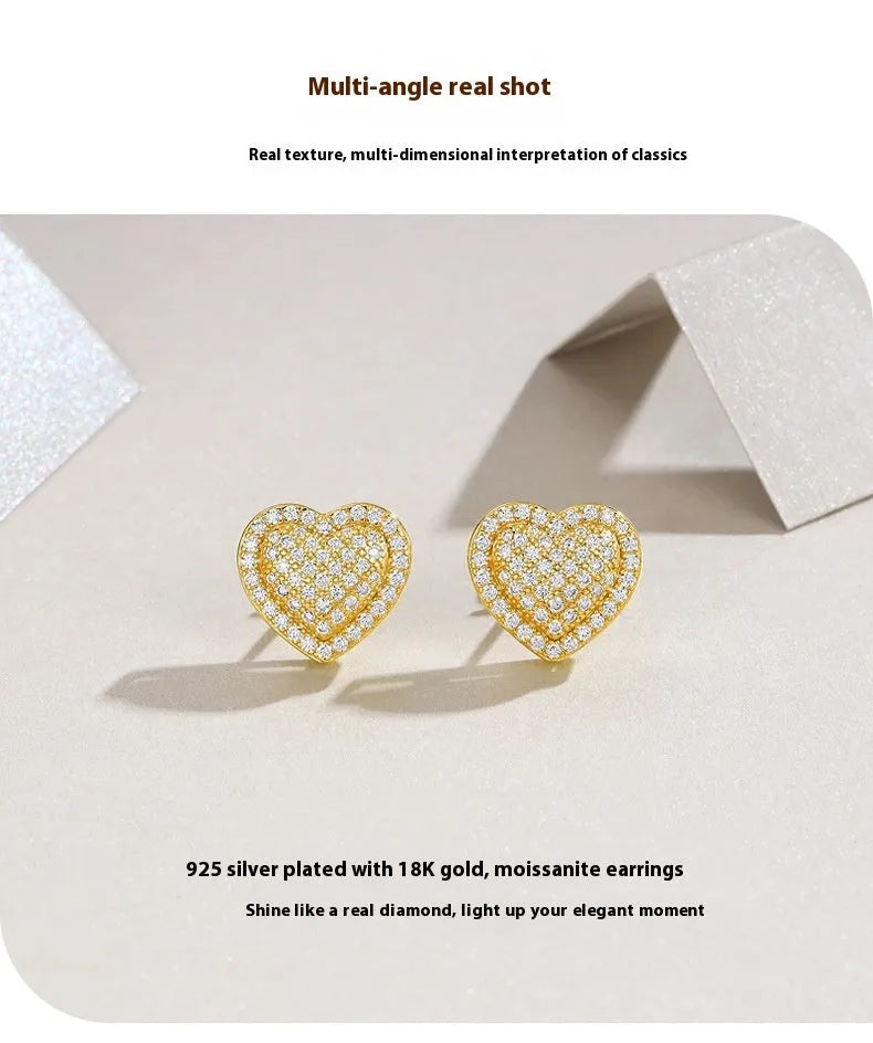 Gold plated heart shaped moissanite stud earrings with sterling silver posts