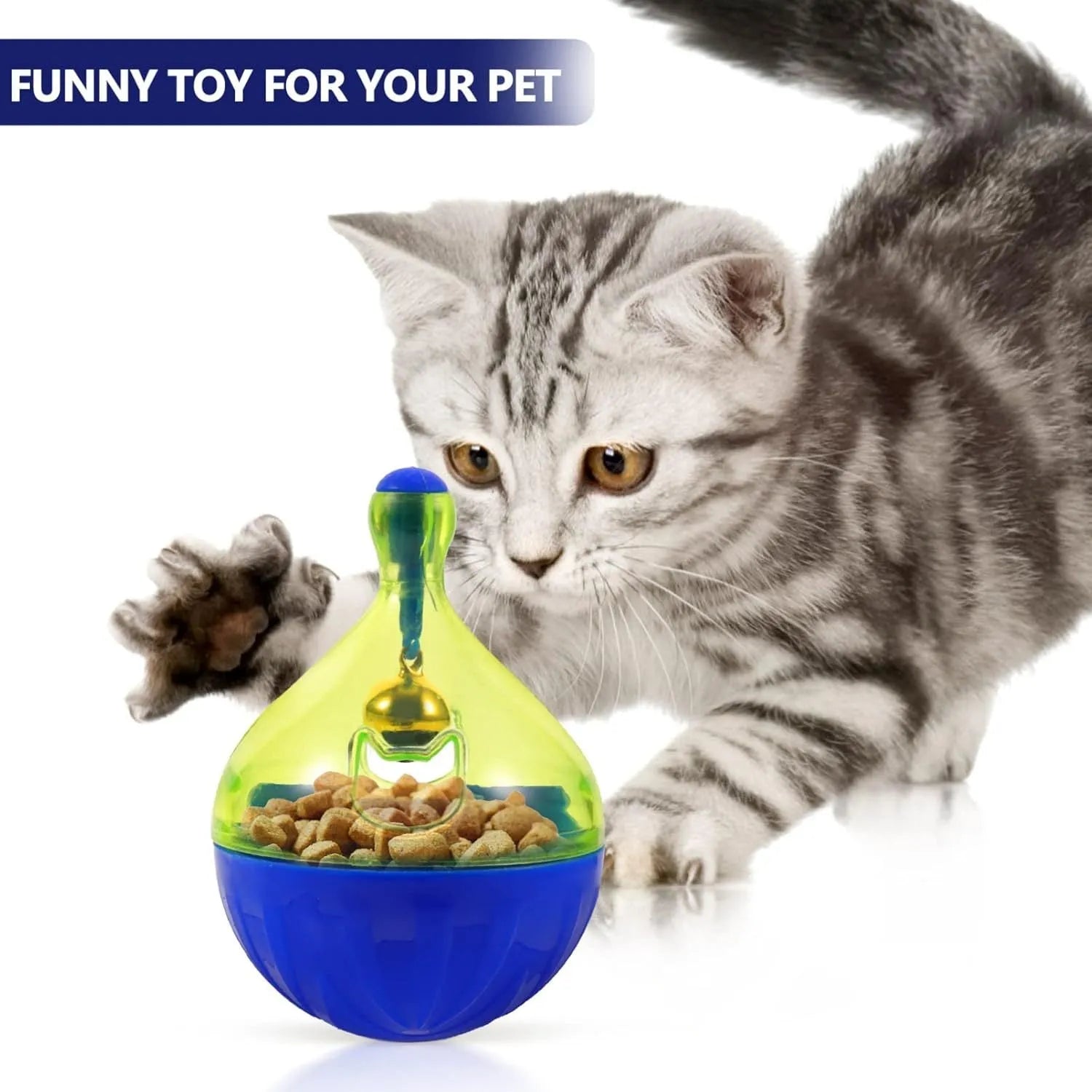 Blue tumbler-shaped interactive pet treat dispenser toy for dogs and cats