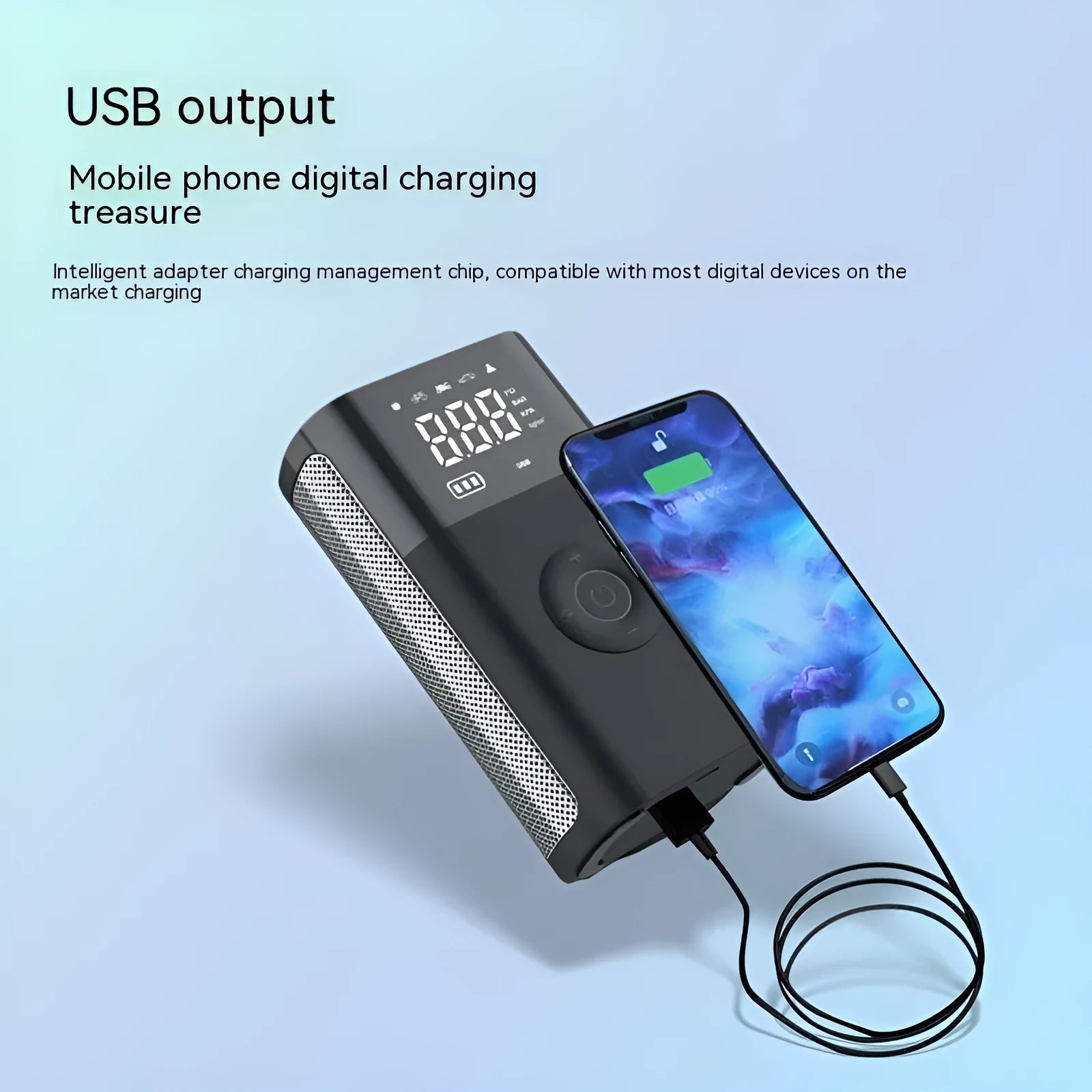 Wireless digital display car tyre inflator with multiple nozzle adaptors and LED light