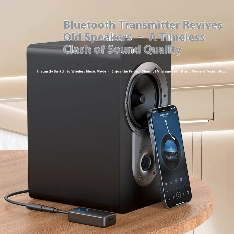 Black Bluetooth 5.4 audio adapter with 3.5mm plug for wireless audio conversion