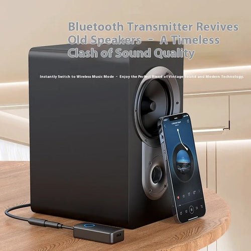 Black Bluetooth 5.4 audio adapter with 3.5mm plug for wireless audio conversion