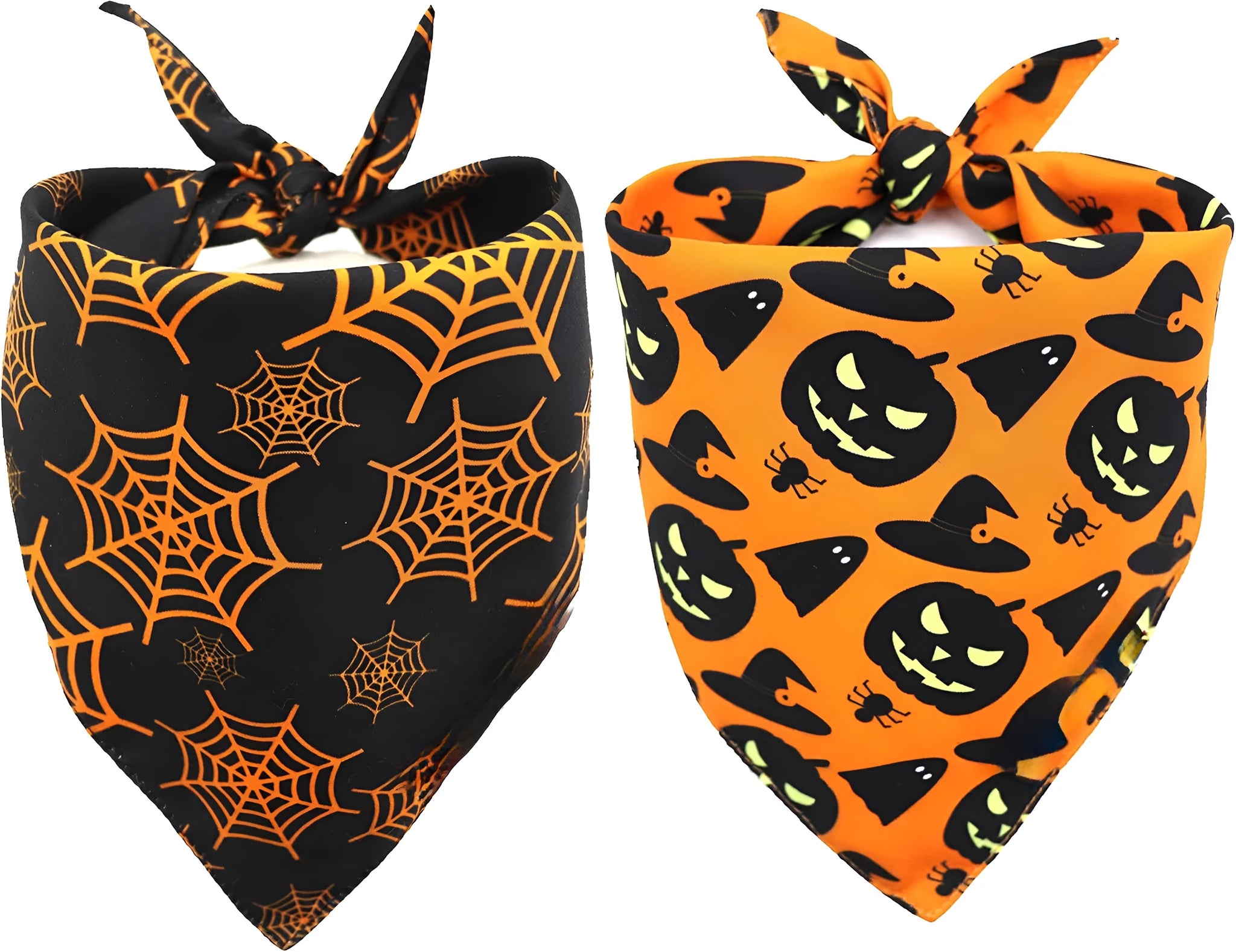 Reversible Halloween dog bandana showing pumpkin pattern on orange side and spider web design on black side