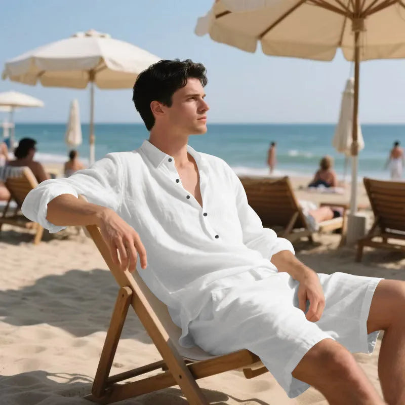 Men's linen long sleeve shirt and matching shorts set for beachwear in various colours.