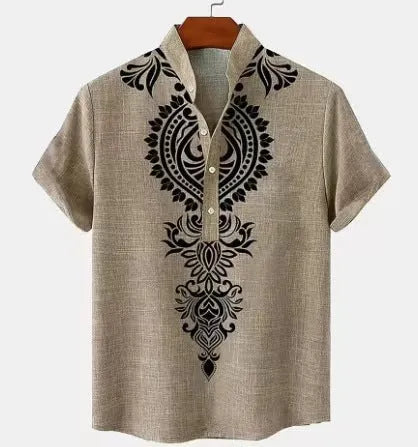 Men's loose fit casual shirt with stripe pattern in polyester fabric showing colour and sizing options
