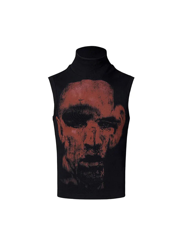 Black half turtleneck sleeveless t-shirt with printed character design on slim-fit cotton fabric