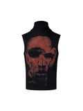 Black half turtleneck sleeveless t-shirt with printed character design on slim-fit cotton fabric
