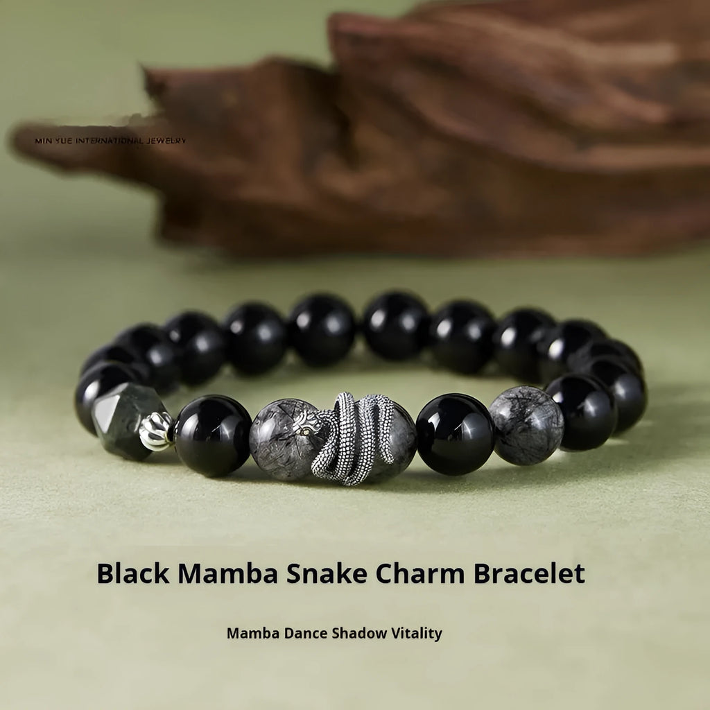Men's S925 sterling silver bracelet with a black obsidian snake charm on a dark background.