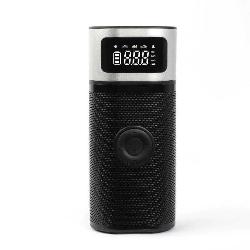 Black portable wireless smart air pump with USB Type-C charging cable, 15cm tube, and multiple inflation nozzles.