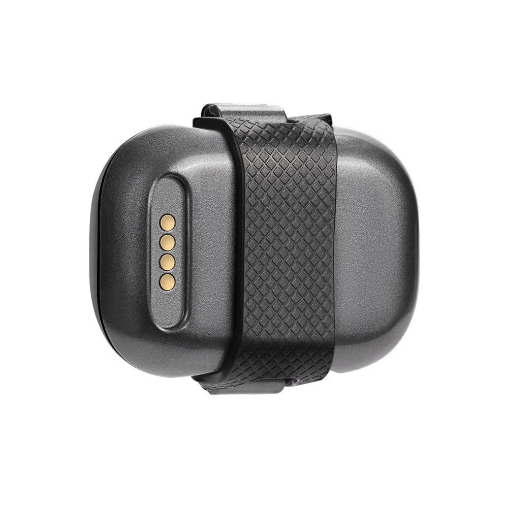 Black pet GPS tracker with hanging rope for attachment to dog or cat collars