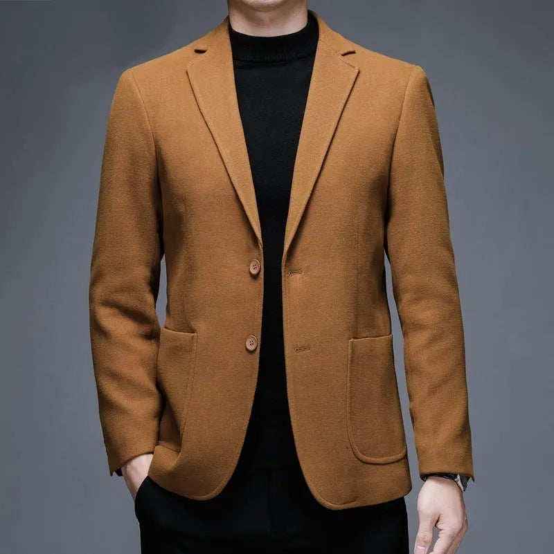 Men's casual woolen suit jacket in solid colour with loose fit and long sleeves