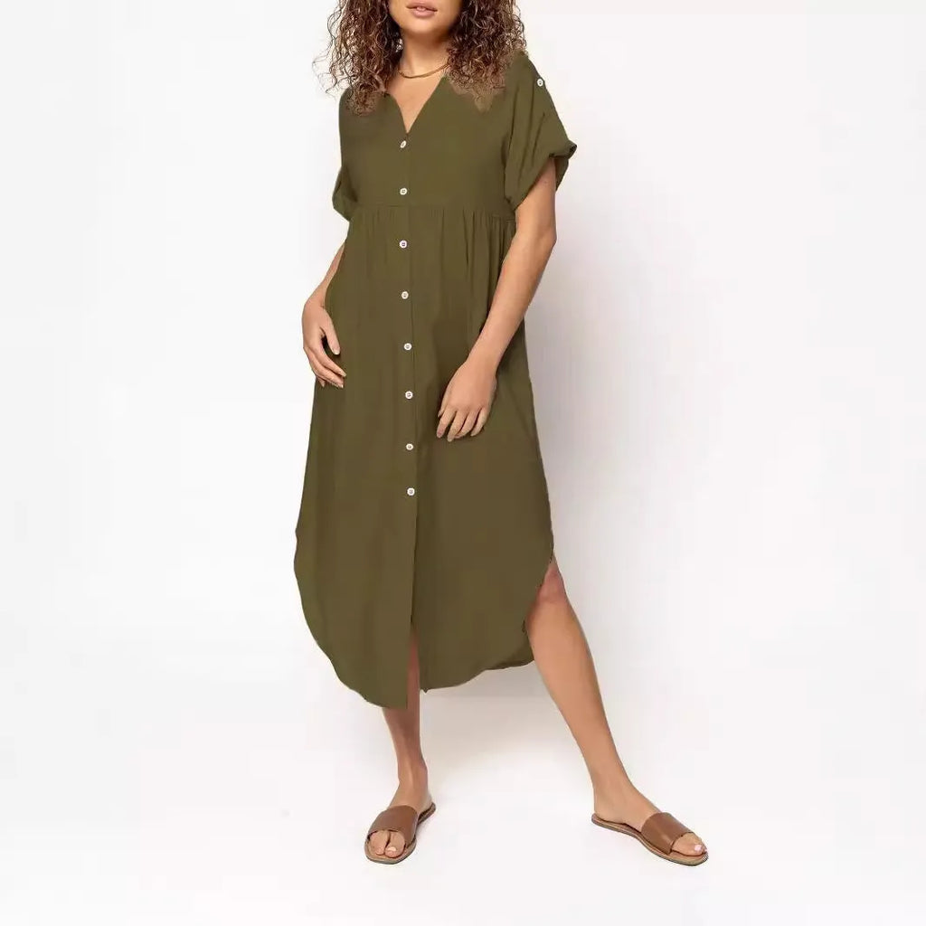 Loose casual button-front mid-length dress in solid colour