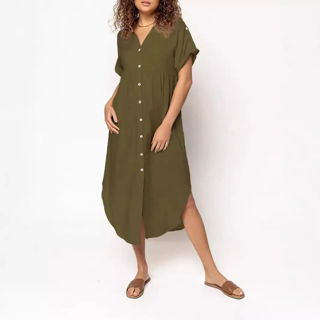 Loose casual button-front mid-length dress in solid colour