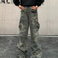 Men's cotton blend cargo trousers with multiple pockets in washed camouflage pattern