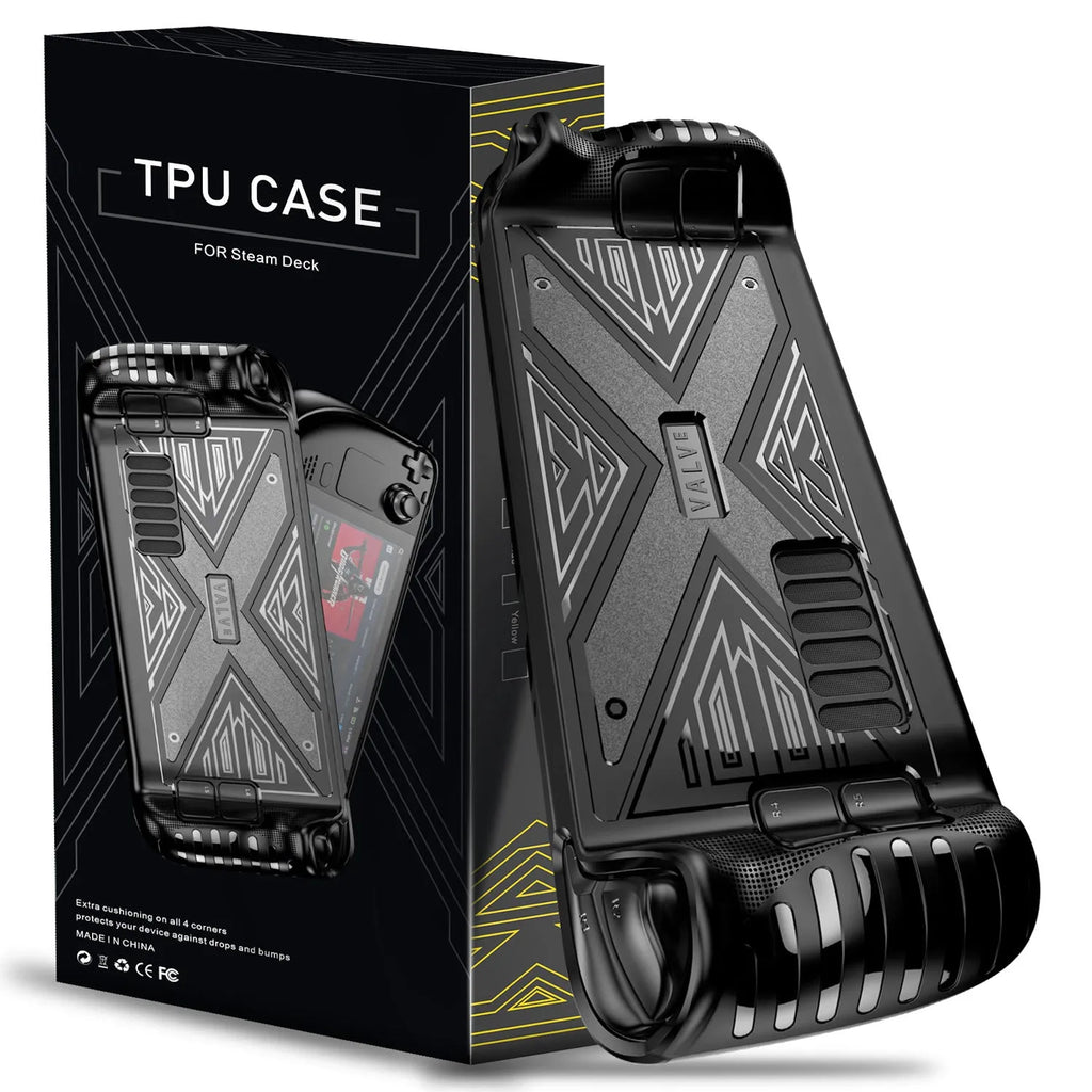 Red, blue, and black TPU silicone protective cases for a handheld gaming console on a grey background.
