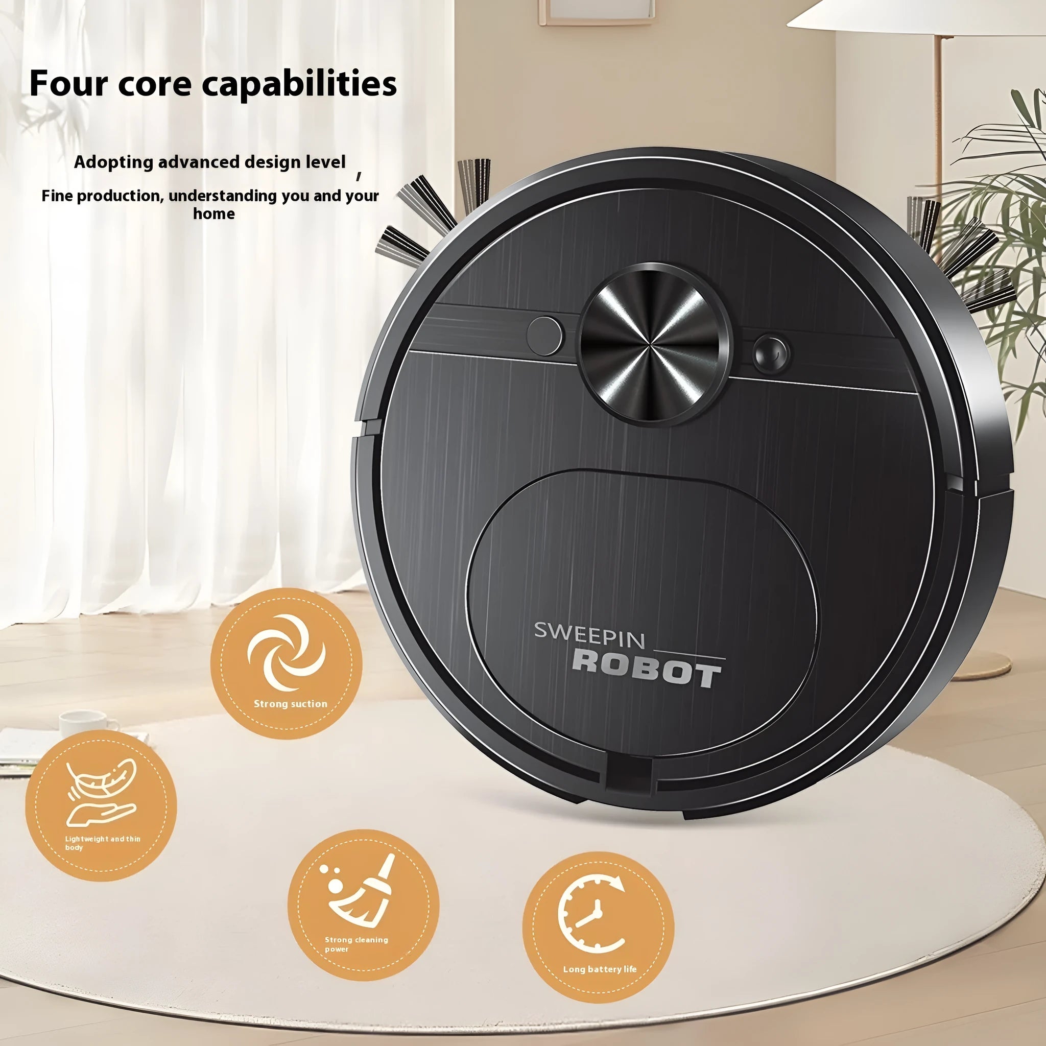 Three-in-one USB charging automatic home intelligence cleaner robot in white with suction sweeping mopping