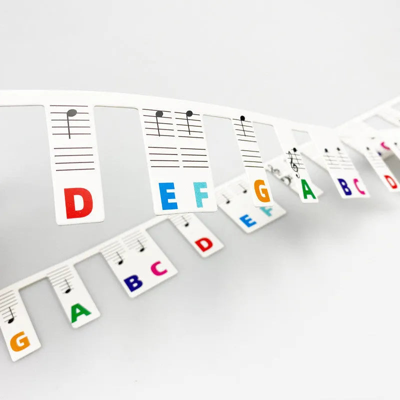 Piano keyboard stickers for 88 keys with black notes and colour note bars in OPP bags