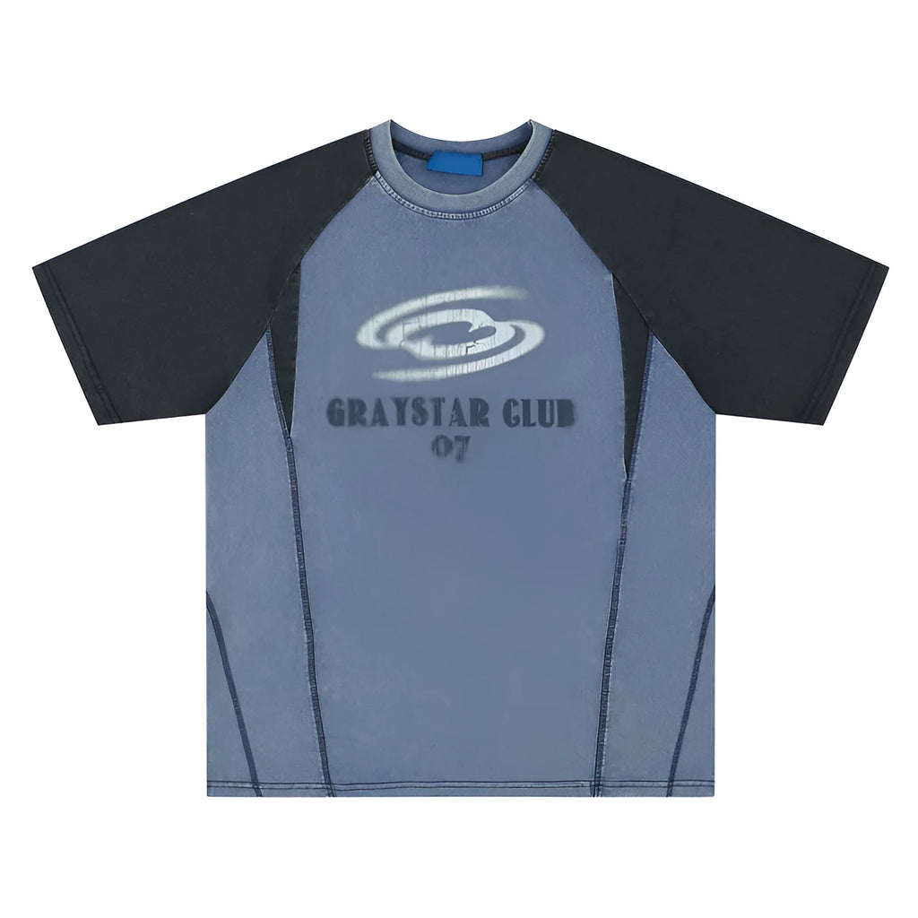 Men's blue loose fit cotton t-shirt with white hip hop letter print and raglan sleeves