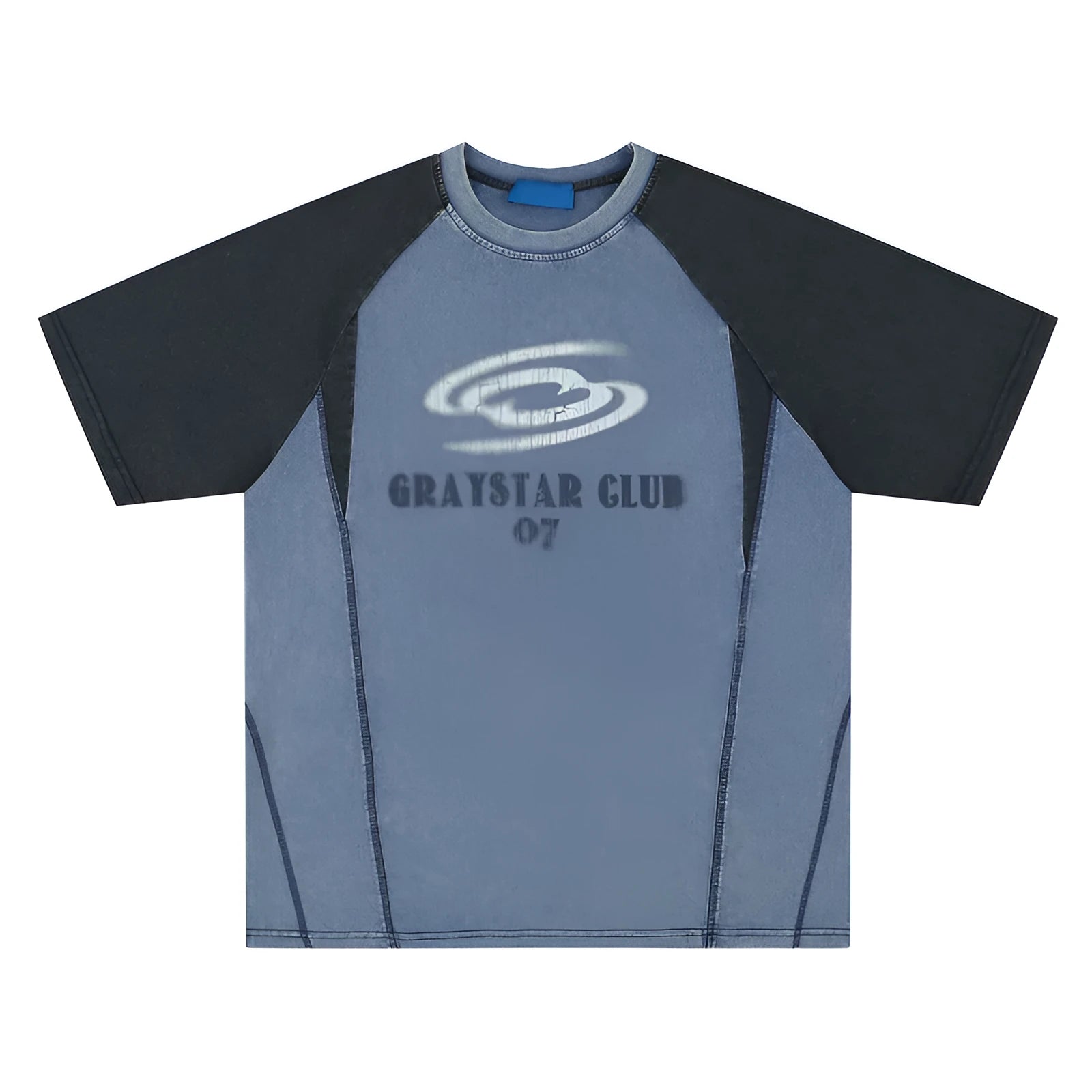 Men's blue loose fit cotton t-shirt with white hip hop letter print and raglan sleeves