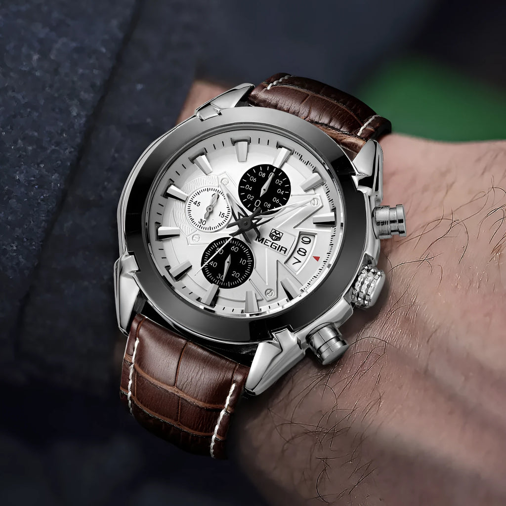 Men's casual chronograph watch showing three sub-dials and luminous hands on a black or brown dial.