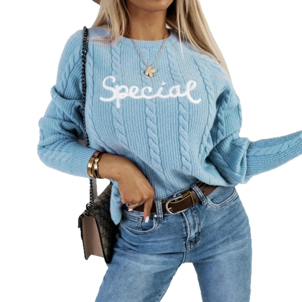 Blue crew neck pullover sweater with embroidered letters and numbers design