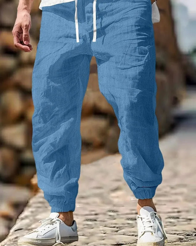 Men's elastic waist summer trousers in straight cut design showing army green colour option