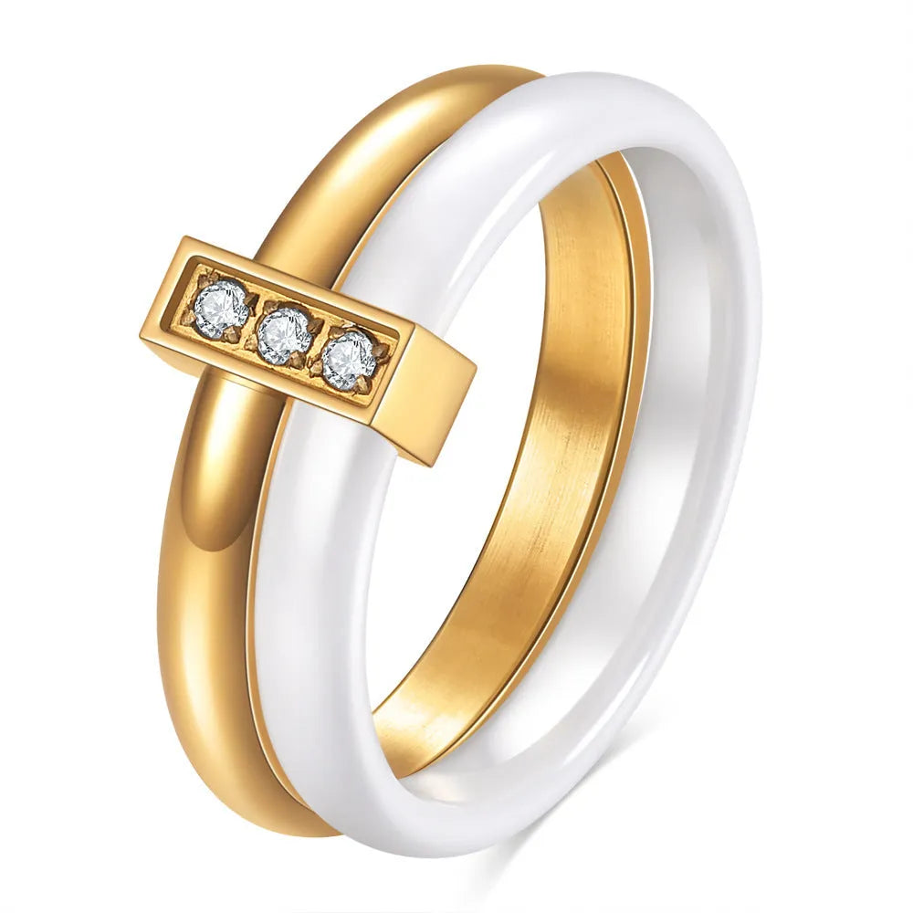 Ceramic ring with zirconium inlay in steel black or gold white colour
