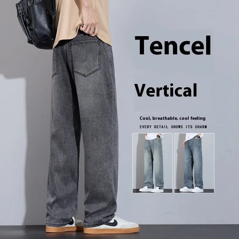 Straight-leg casual trousers in ice silk denim with wide leg fit and zip fly closure
