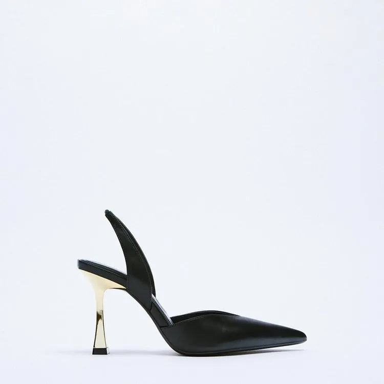 Women's pointed patent leather high heels in black and apricot colours with shallow mouth design