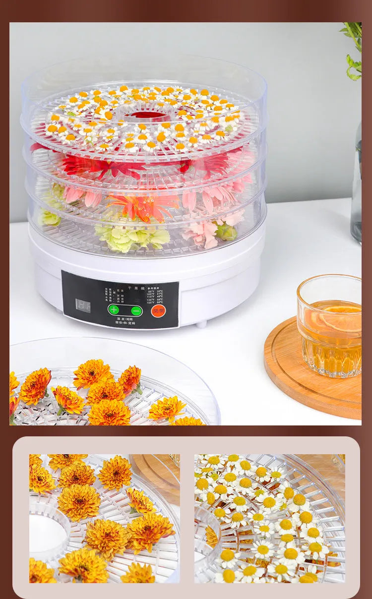 Five layer electric food dehydrator with stackable trays for drying fruit and vegetables