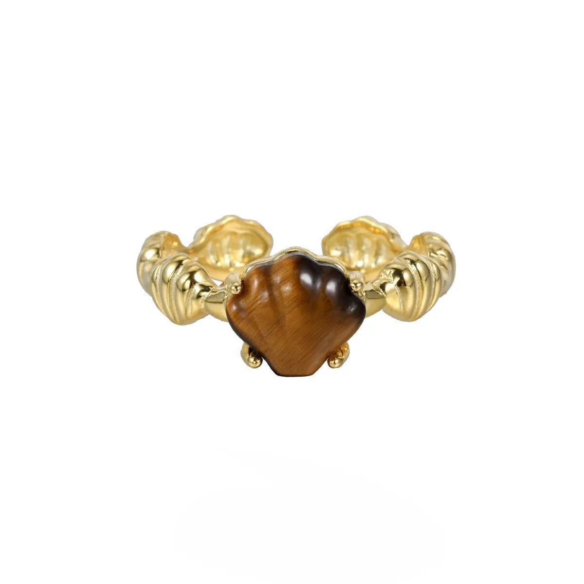 Silver adjustable ring with a tiger eye shell design and gold electroplated finish.