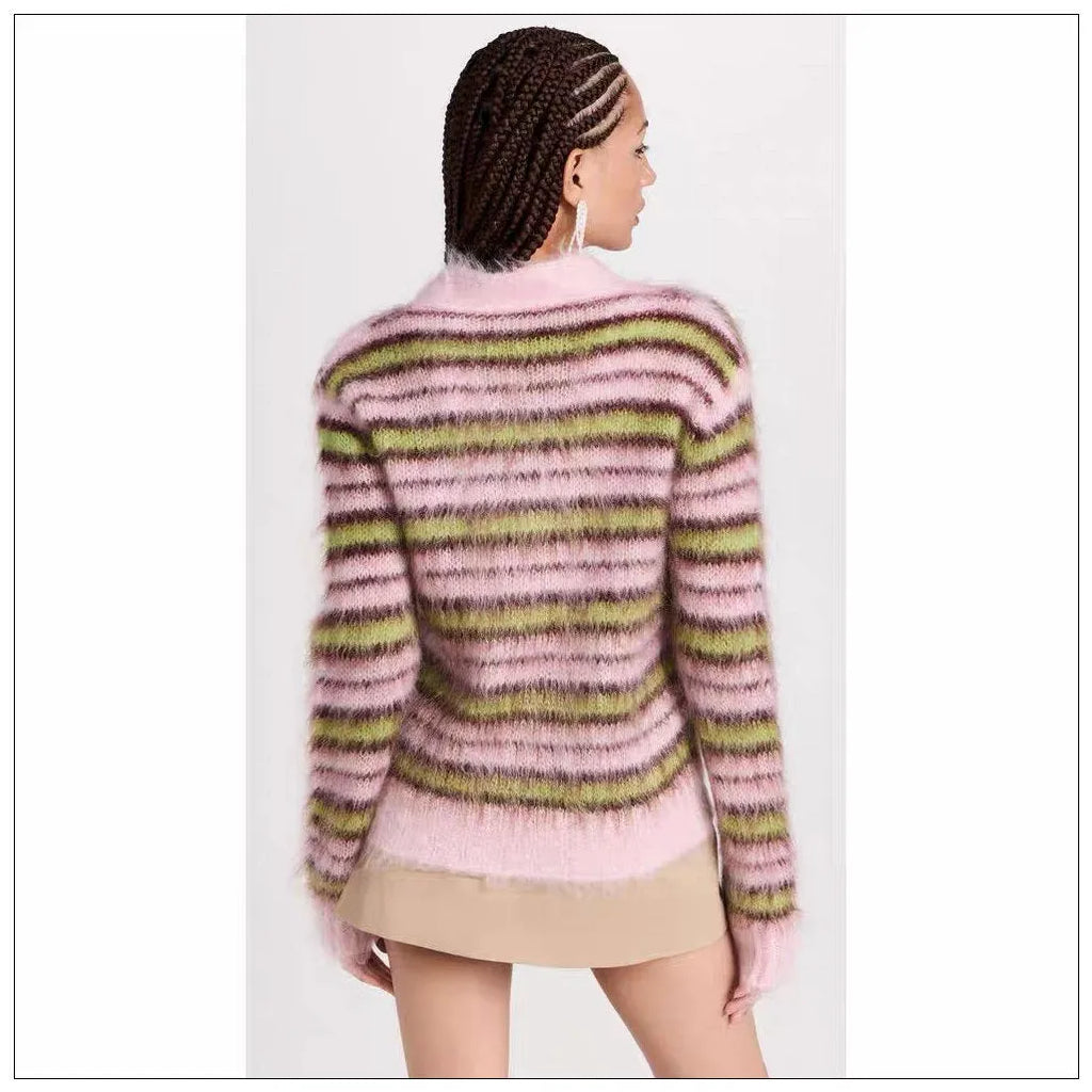 Pink wool knitted cardigan sweater with contrast colour detailing and regular sleeves