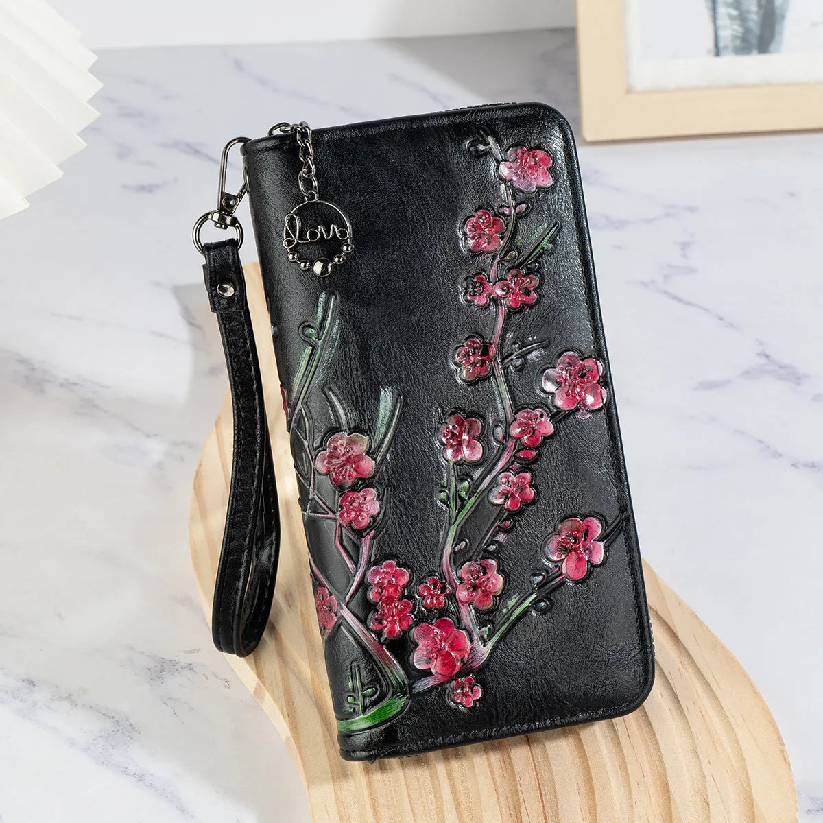 Embossed floral pattern Chinese style zipper handbag in PU leather